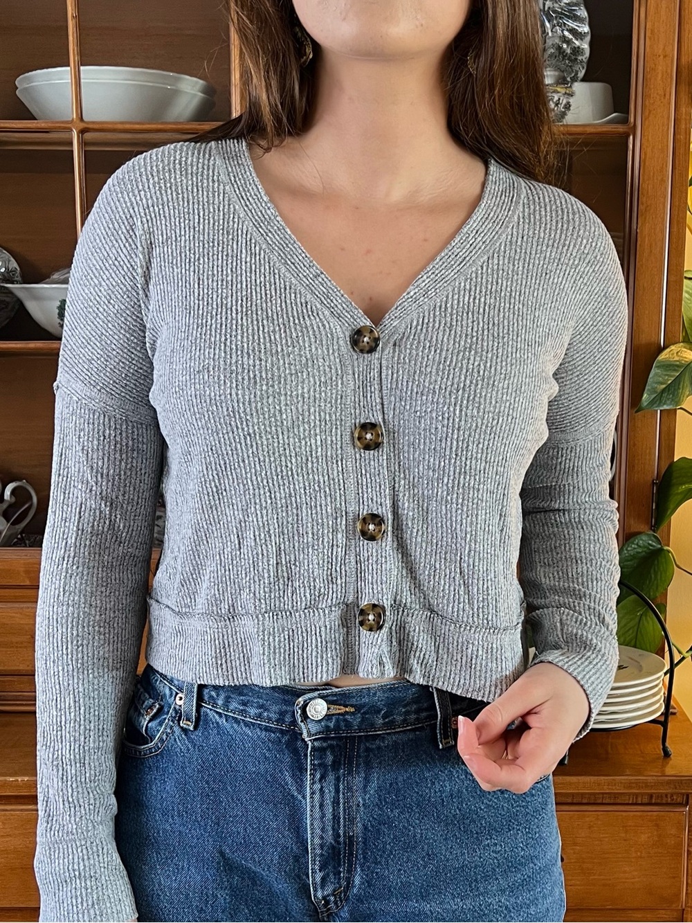 Gray Ribbed V-Neck Button Front Women's Sweater